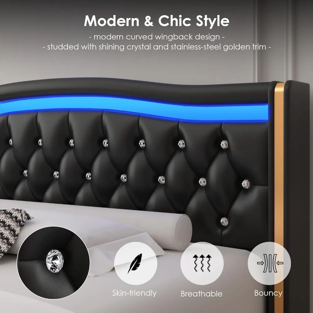 Bed Frame King Smart LED Platform Bed Frame With 4 Storage Drawers, Crystal Button-Tufted & Stainless Gold Trim Wingback Headboard