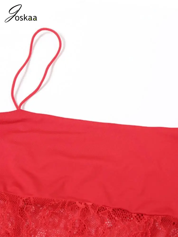 Joskaa Sexy Lace See Through Red Jumpsuits Women Spaghetti