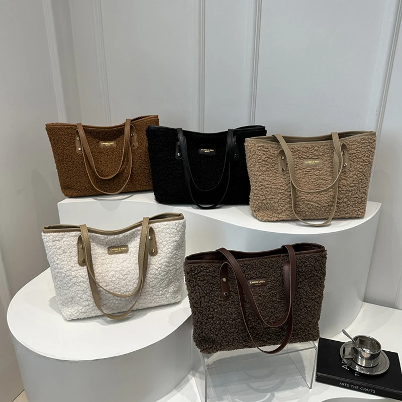Lamb Wool Solid Color Casual Commuting 2024 Texture Han Autumn and Winter New Casual Portable Shoulder Tote Bag