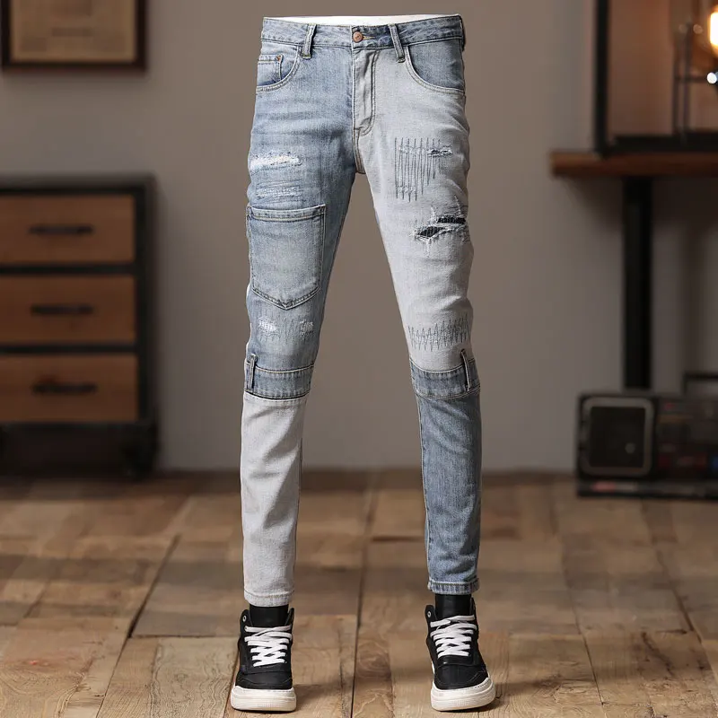 Street Fashion Men's Split Jeans Retro Light Blue Elastic Slim Fit Jeans Men's Panel Designer Hip Hop Jeans Bicycle Pants Hombre