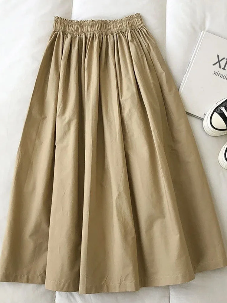 2025 New Casual Elegant High Waist A Line Skirts Women Solid Color Long Skirt Fashion Pockets Pleated Knee Length Skirts Autumn 4