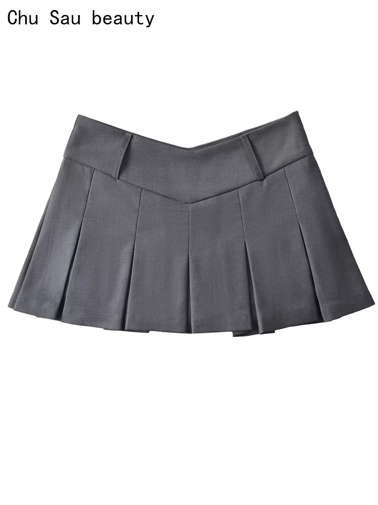 

Chu Sau beauty 2023 Women Fashion Sweet Pleated Mini Skirt Preppy Style V Waist Sexy Super Short Skirt Chic Side Zipper Skorts