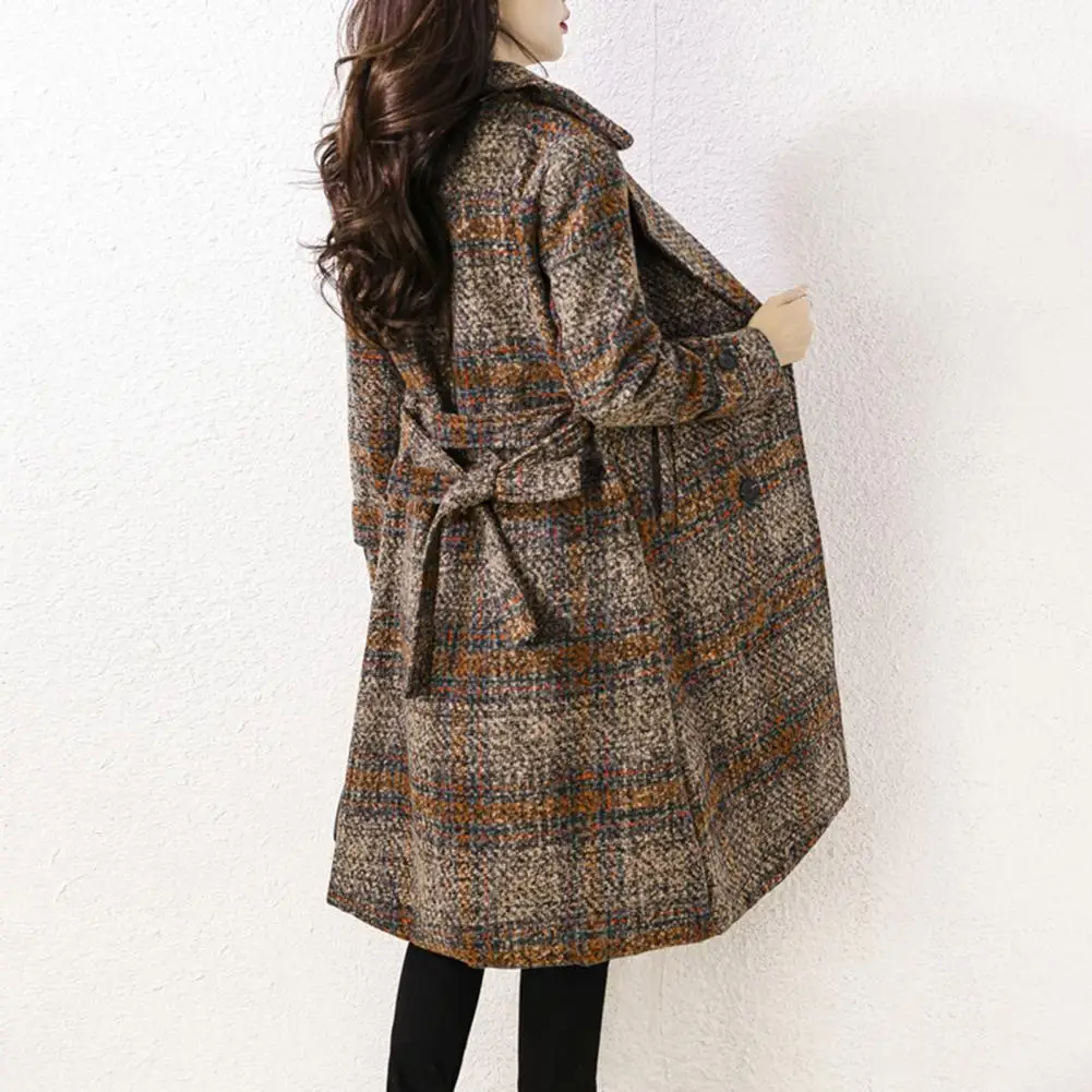 Women Autumn Winter Coat Stylish Plaid Print Women's Woolen Coats Double Breasted Mid-length Slim Fit Outwear for Autumn/winter