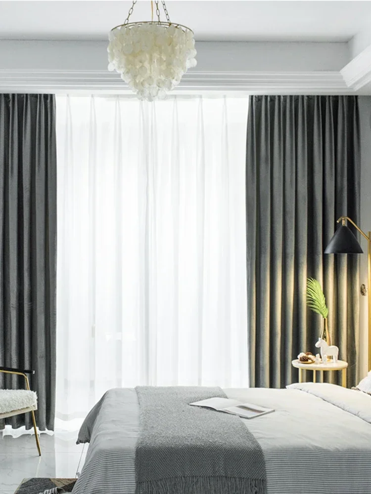 Ins Wind Light Luxury Velvet Fabric Blackout Curtains Simple Modern Full Blackout Bedroom Living Room Solid Color Home Decor 2