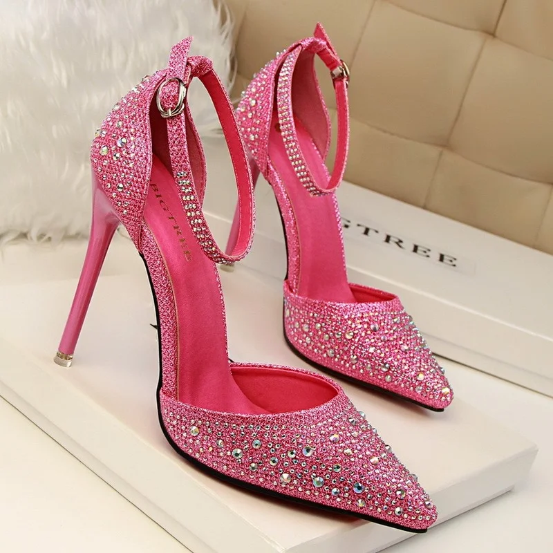 Luxury Brand High-heeled Shoes Woman Sandal Bling Sparkling Rhinestones Shallow Mouth Fingertip Scarf Word Sweet Princess Shoes