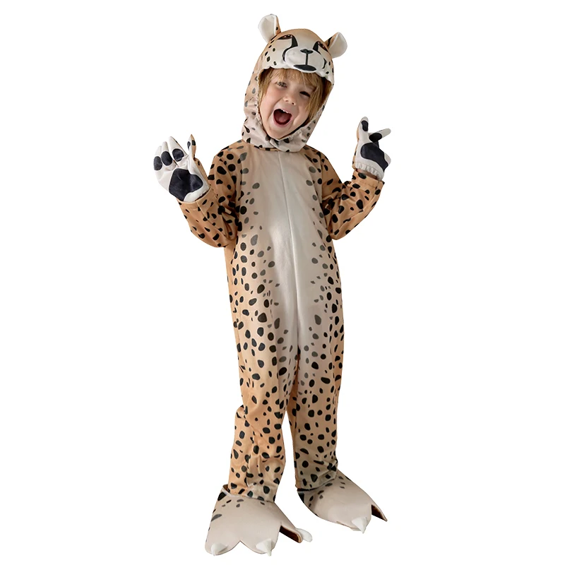 Halloween Kids Cheetah Costume Spotted Animal Onesie Clothing Set with Hood & Paw Details for Parties