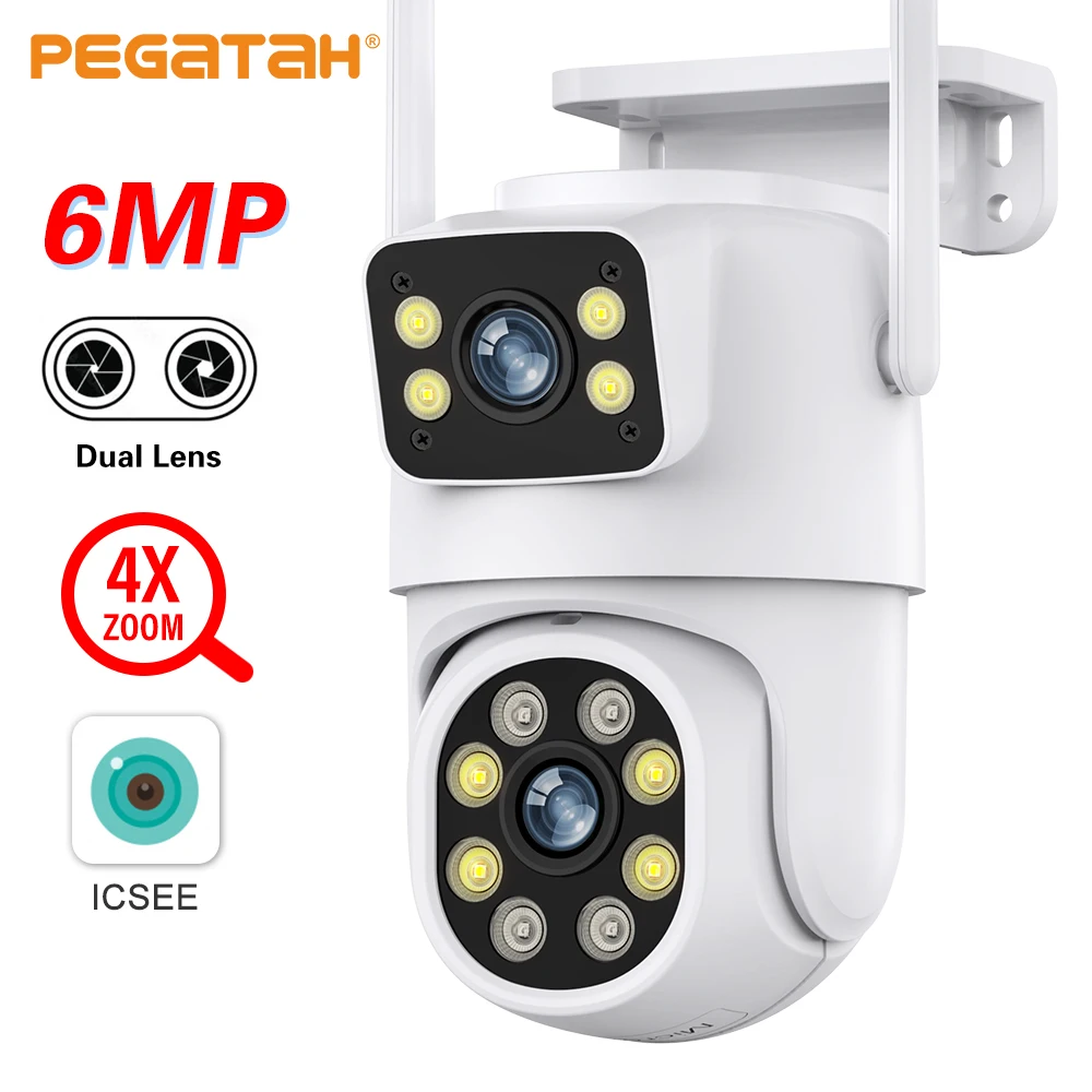 PEGATAH 8MP 4K Wifi PTZ Camera Dual Lens with Dual Screen Ai Human Detect Auto Tracking Outdoor Surveillance Camera ICSee App