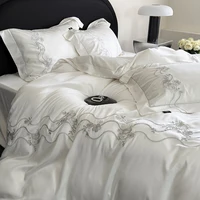 Flowers Embroidery Luxury Bedding Set 800TC Lyocell Cotton Soft Silky Cool Feeling Duvet Cover Flat/Fitted Bed Sheet Pillowcases 1