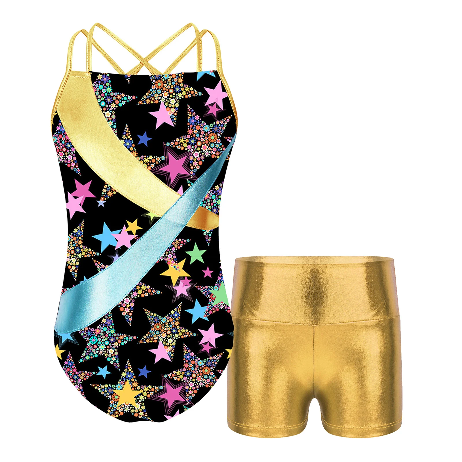 

Kids Girls Gymnastics Ballet Sets Sleeveless Crisscross Back Leotard Bodysuit with Shorts Workout Outfits Dance Costume Swimwear