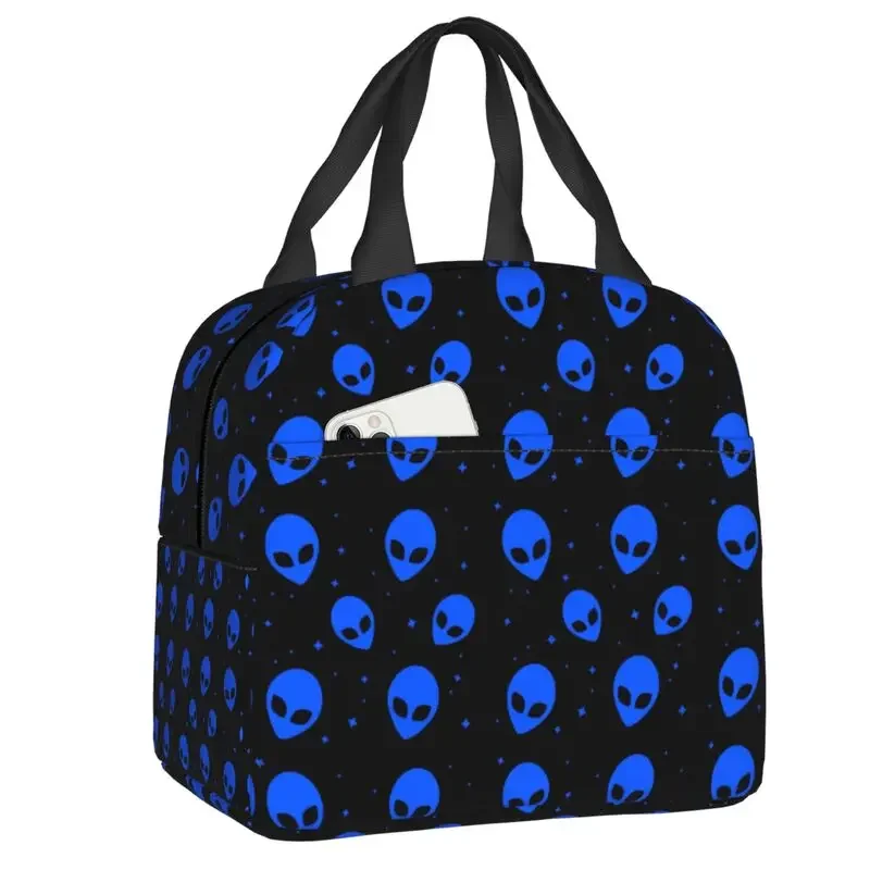 Blue And Black Sci Fi Alien Pattern Insulated Bag for Women Waterproof Thermal Cooler Lunch Tote Office Picnic Travel