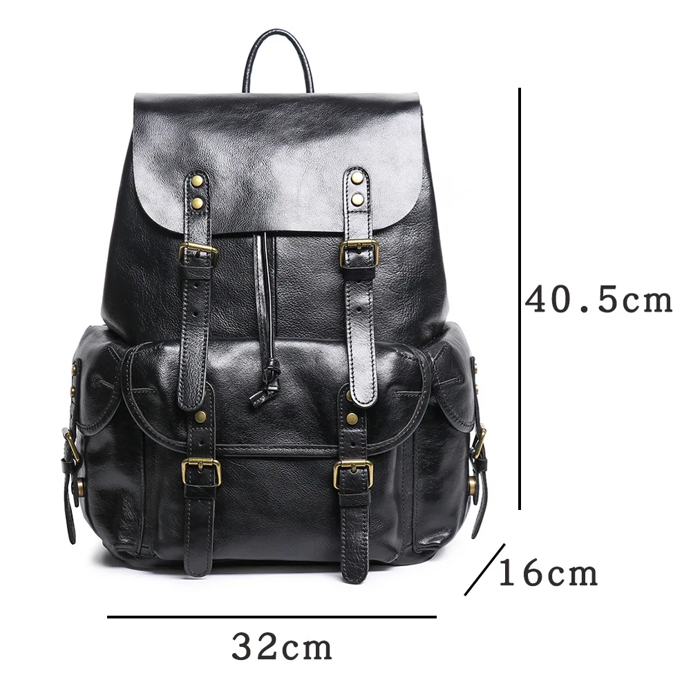 Vintage Top Grain Cowhide Leather Backpack Large Capacity Laptop Compartment Travel Drawstring Closure Business Casual Backpack