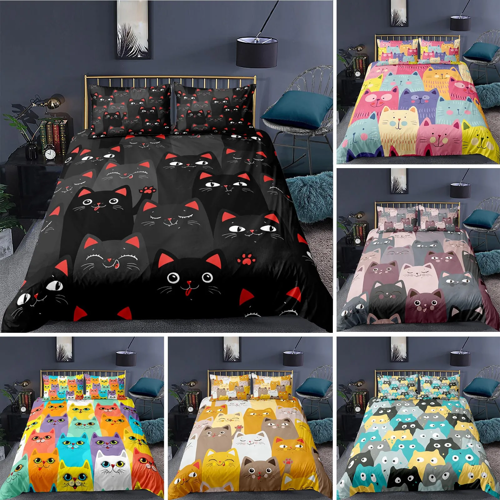 

Cat Duvet Cover Polyester Pattern with Hipster Playful Feline Characters, Decorative 3 Piece Twin Bedding Set with 2 Pillow Sham
