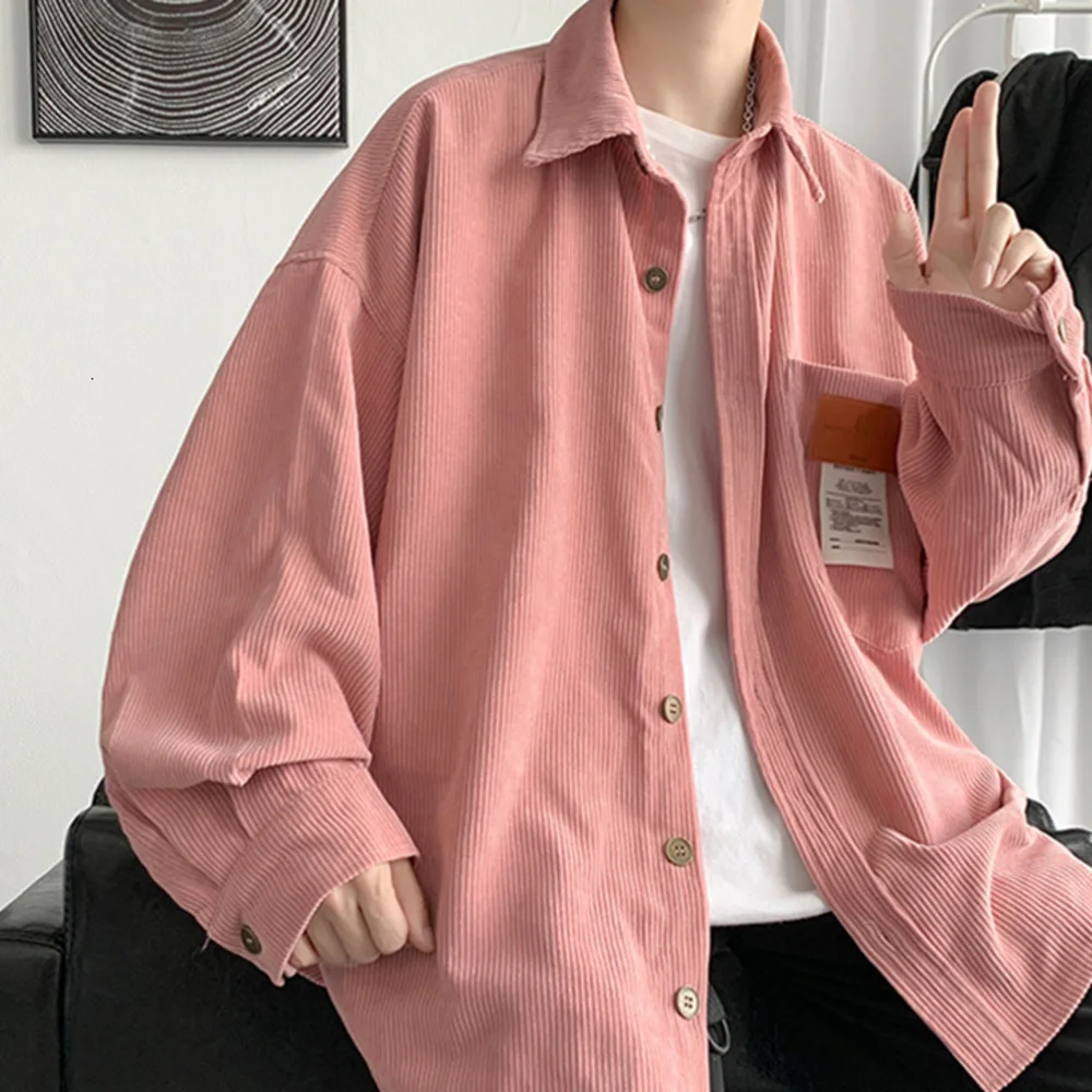 

Men's Corduroy Long Sleeve Shirts Autumn Korean Chic Lapel Shirt Unisex Casual Oversize Shirt Printed Single Breasted Blouses