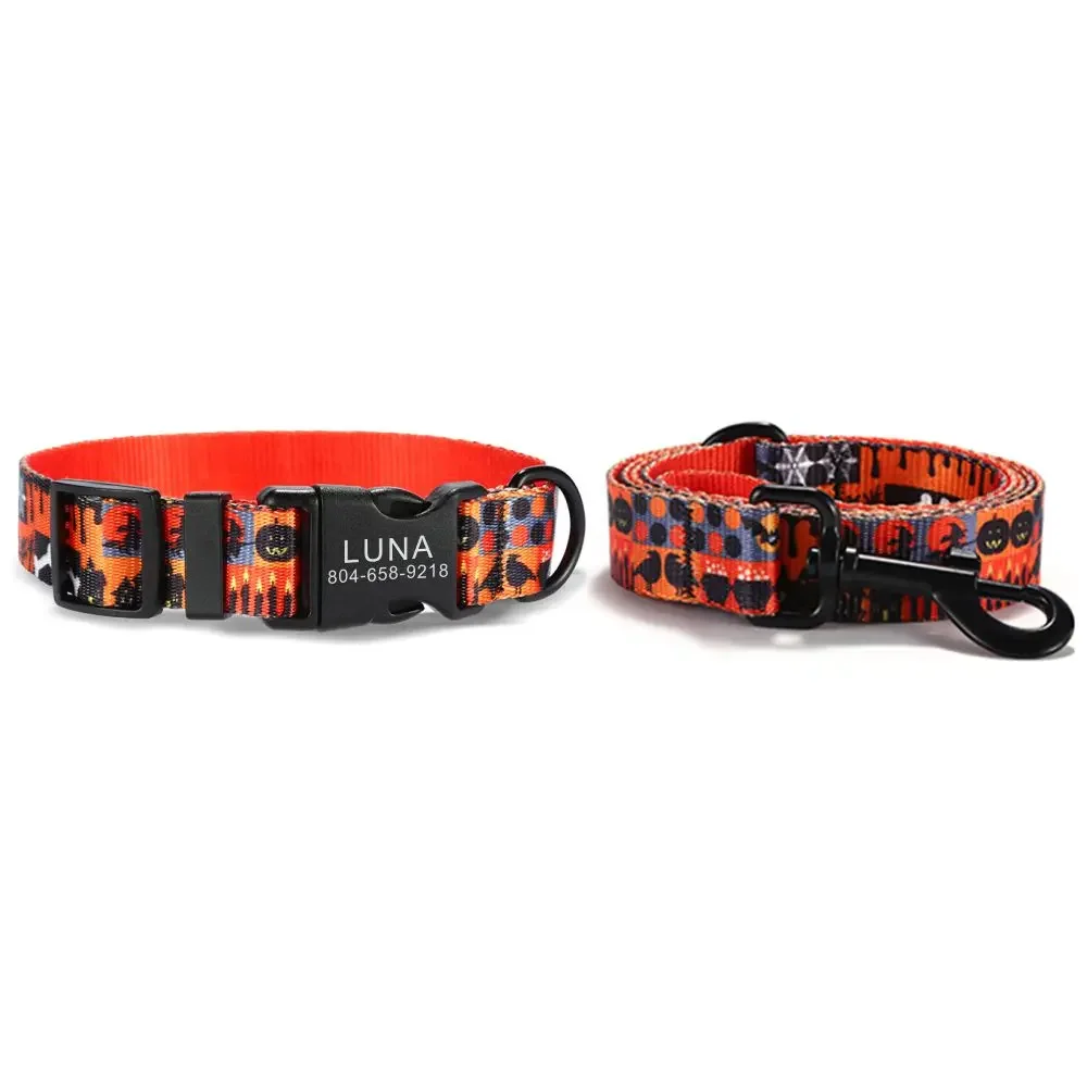 

Personalized Pet Collar Customized Nameplate ID Adjustable Happy Halloween Soft Fiber Cat Dog Collars Lead Leash