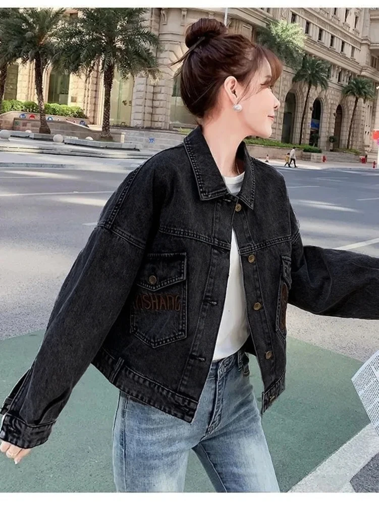 Butterfly Flower Embroidered Letter Denim Jacket Woman Spring Autumn Coat Cotton Outerwear Button Female Girl Casual Jeans