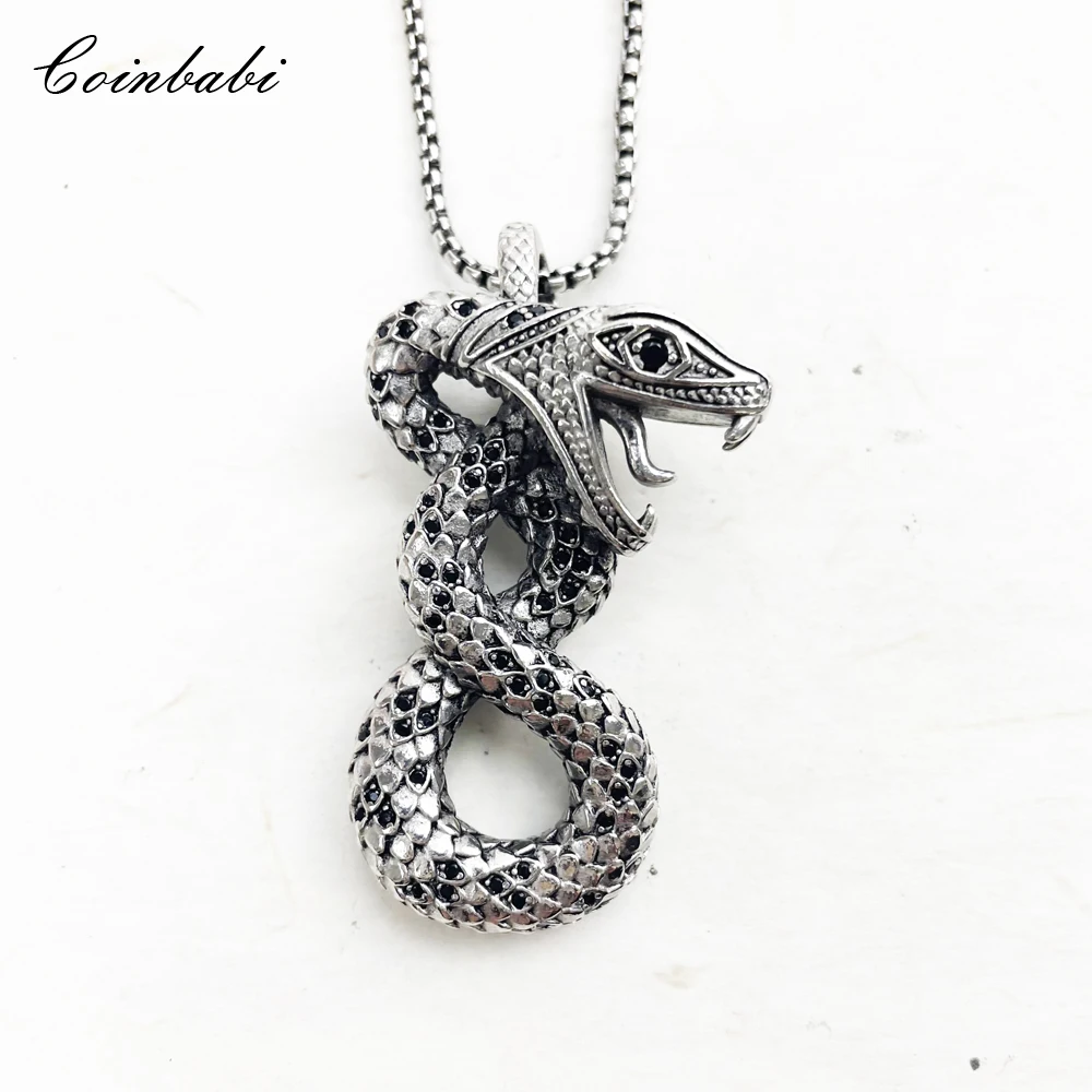 

Pendant Necklace Snake With Black Zircon Stones Link Chain 925 Sterling Silver Fine Jewelry Trendy Rebel Gift For Women Men