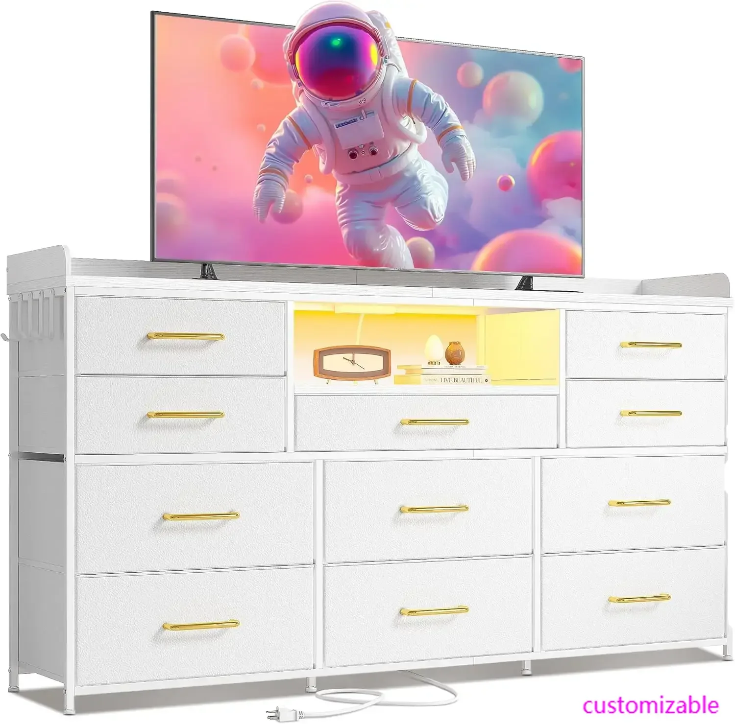 Dresser for Bedroom with 11 Drawers for 60" TV Stand for Bedroom with LED Lights & Charging Station Long Dresser with Shelves
