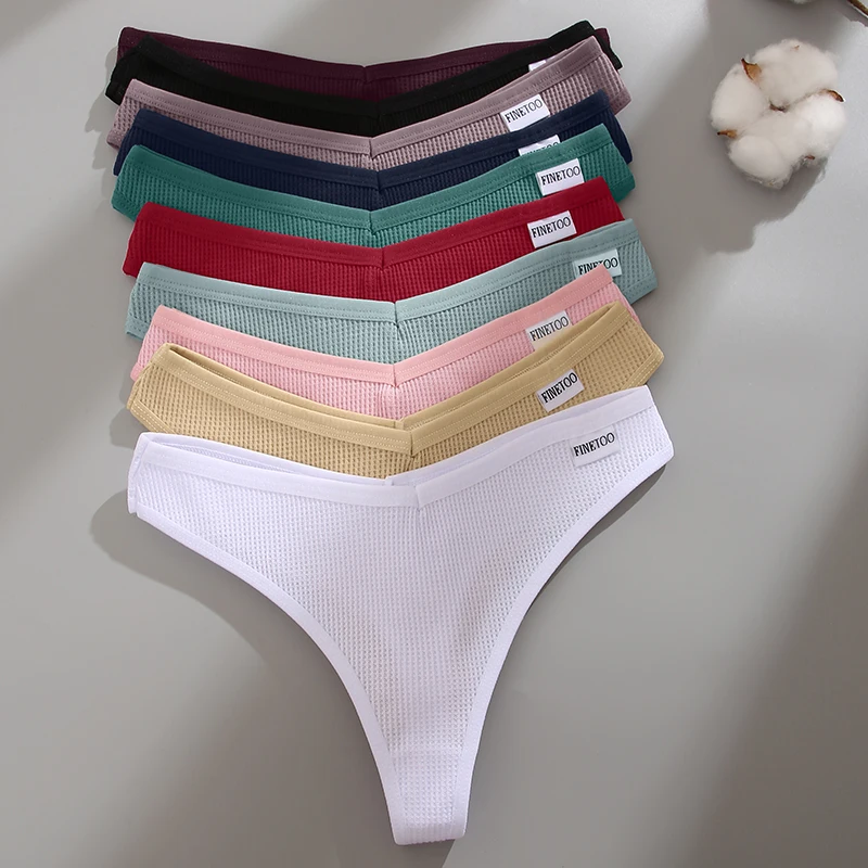 Women Panties FINETOO 3Pcs/Set Women Panties Sexy Waffle Plaid Cotton Low Waist G-String Underwear Female Soft Thongs Lingerie