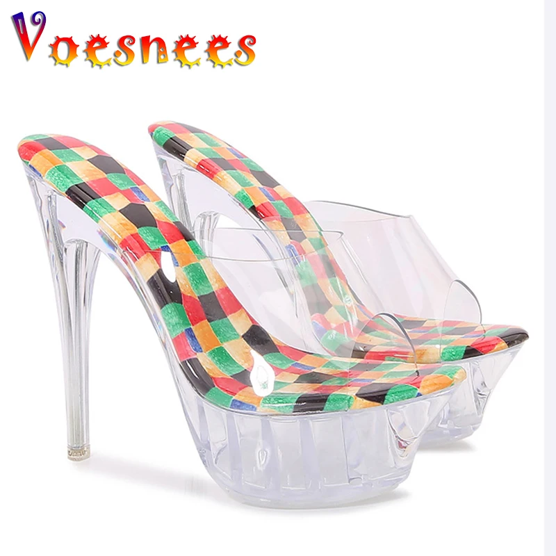 

Summer Slippers PVC Sexy Transparent High Heels Pumps Women's Thick Platform Sandals 14CM Fashion Party Female Shoes 2023 New