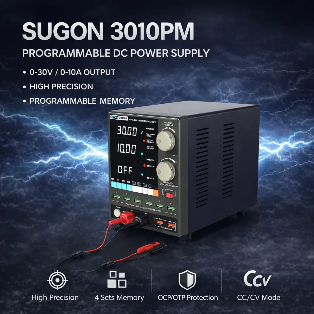 SUGON 3010PM 새로운 전문가용 DC 전원 공급 장치 30V 10A, 전압 전류 보호 기능 포함, 8.4V 5V 2A USB 출력, 4비트 프로그래밍 가능