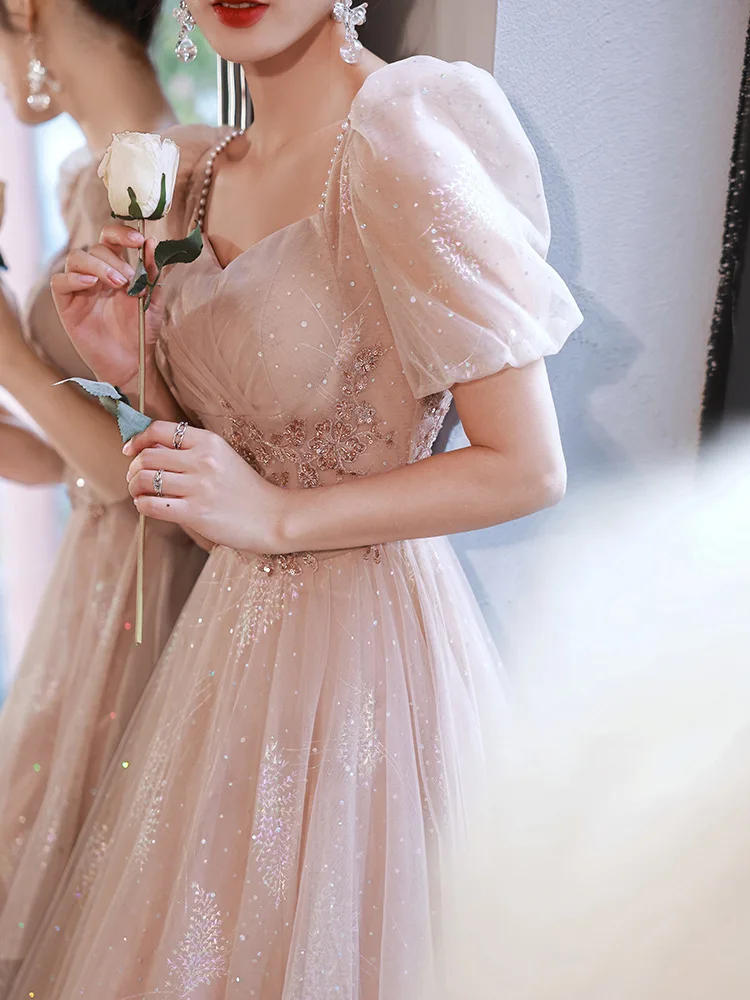 Vestido de noite rosa champanhe feminino, pérolas elegantes, vestidos de  festa femininos, banquete de aniversário feminino, vestidos longos de tule  - AliExpress