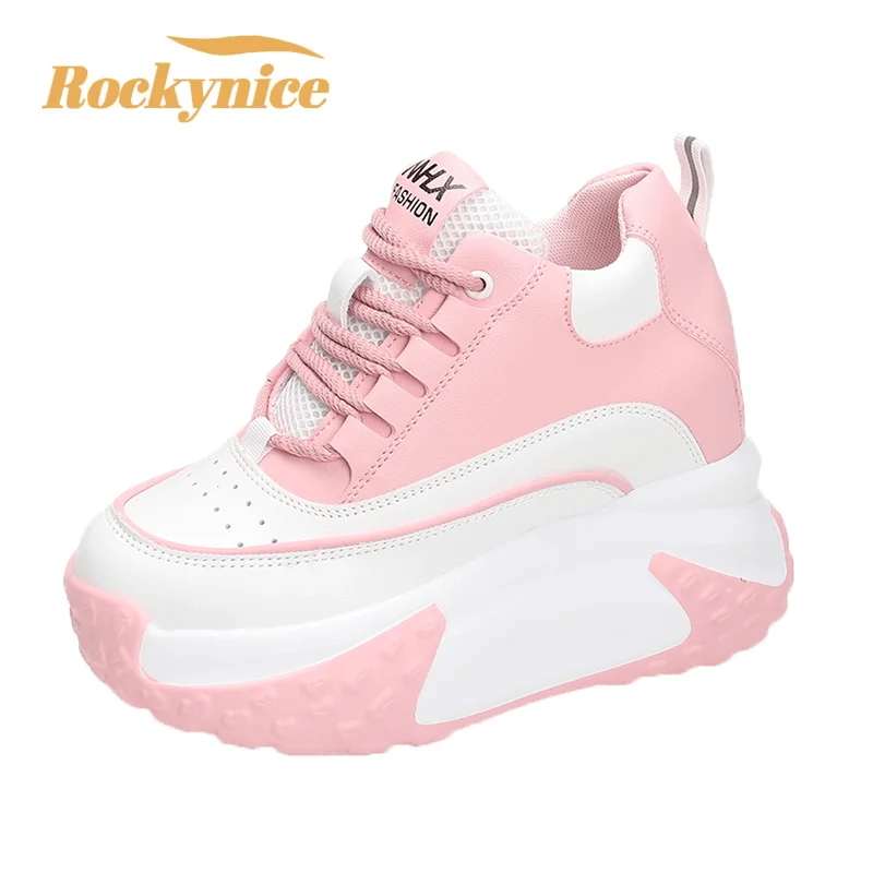 

Women Platform Breathable Leather Shoes New Autumn Chunky Sneakers 10CM Wedge Hidden Heels Leisure Sports Casual Dad Shoes Woman