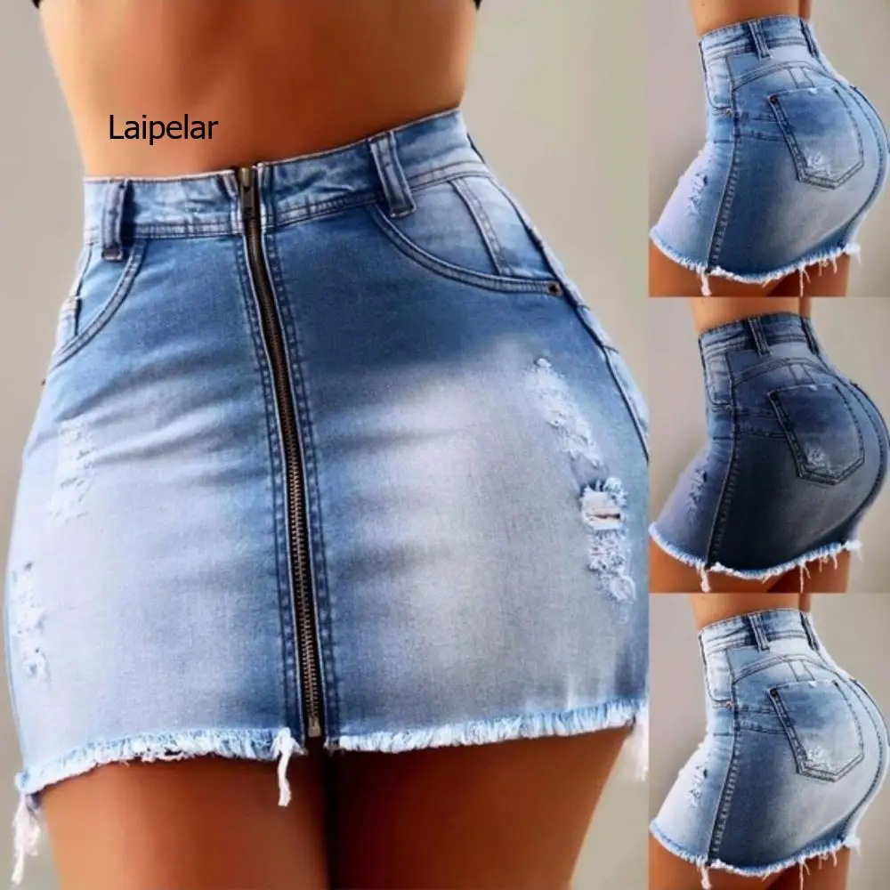 

Women Sexy Denim Skirts High Waist Ripped Hole Zipper Jeans Skirt Ladies Casual Mini Bandage A-line Skirts