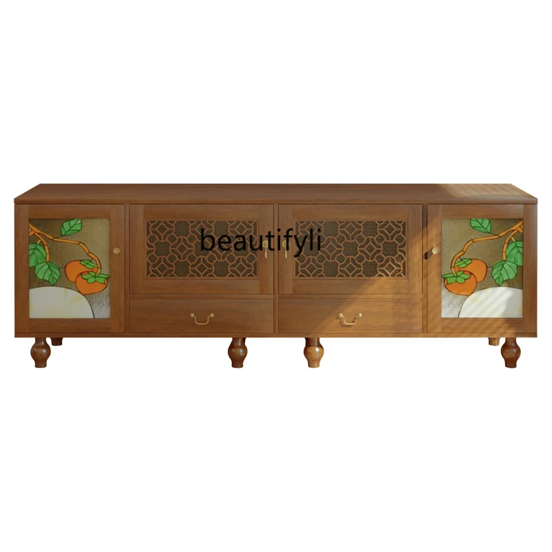 

French Retro Solid Wood TV Cabinet Multifunctional Tonality Retro Audiovisual Cabinet Living Room Handmade Glass