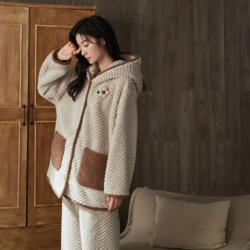 Winter New Women Coral Velvet Pajamas Fleece-lined Thickened Hooded Flower Female Homewear Suit Simple Soft Warm Nightclothes