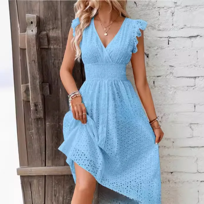 White Lace Fashion Hollow Mini Dress For Women V-Neck Summer
