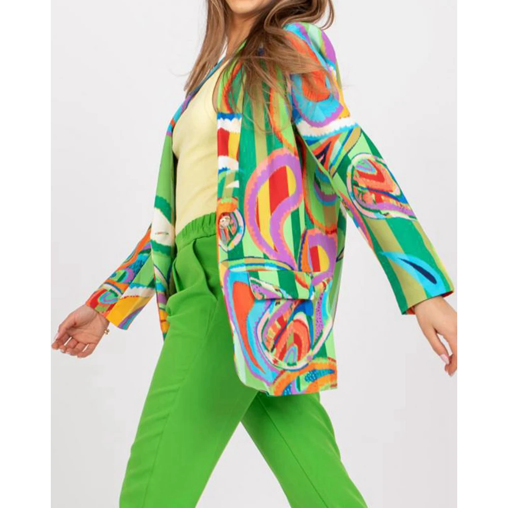 Autumn Women Abstract Print Single Button Blazer Coat Fashion Femme Long Sleeve Jackets Elegant Office Workwear Outfits