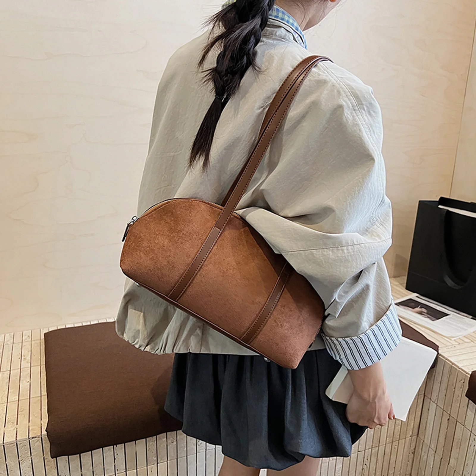 Faux Suede Casual Tote Handbag Large Capacity Retro Shoulder Bag Solid Color All-Match Underarm Bag Travel Shopping Date Bag