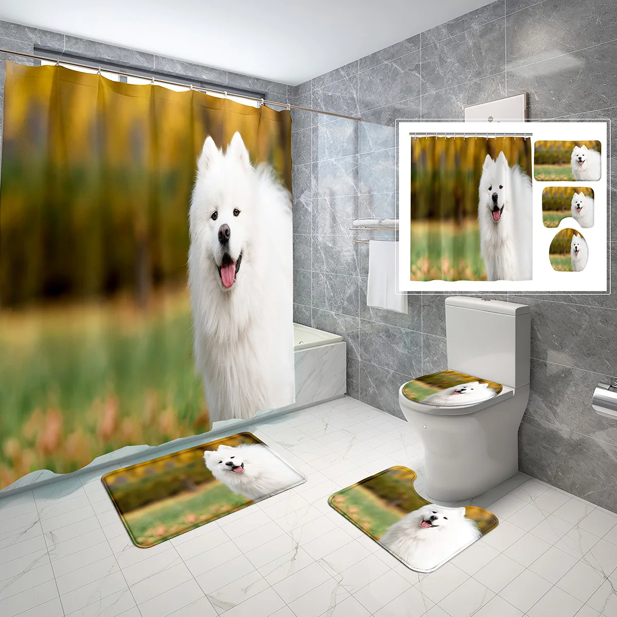 

4 Pcs Samoyed Shower Curtain Sets Well-behaved and Cute White Dog Non-Slip Bath Mat Toilet Cover Waterproof Shower Curtain set