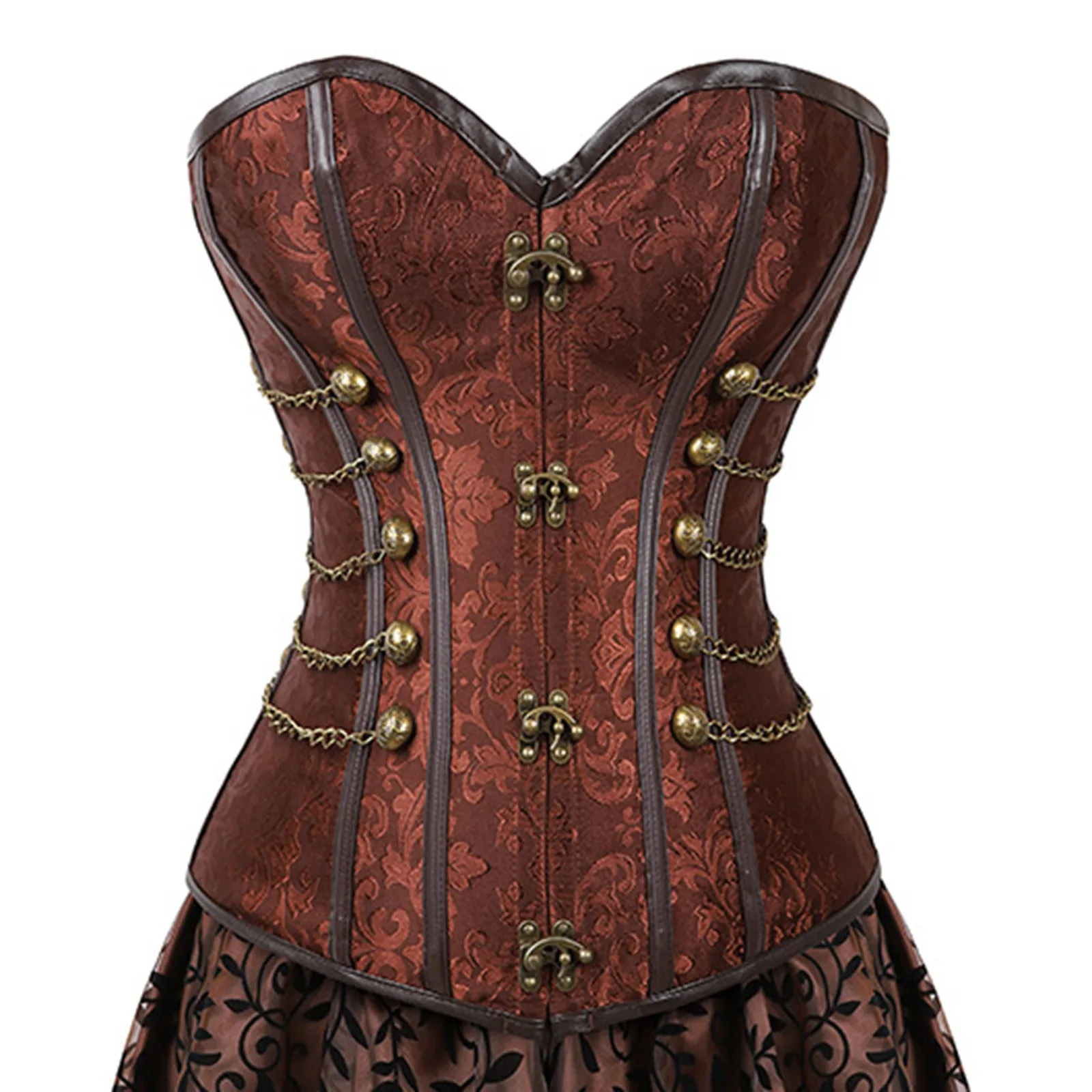 

Women Corset Dress Skirt Lace Up Plus Size Women`s European Steampunk Pirate Costume Brown Zipper Faux Leather Corset Dress