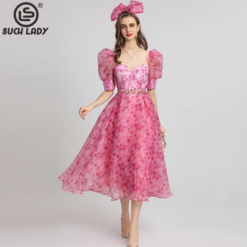 

Women's Runway Dress Sweetheart Short Puff Sleeves Printed Elegant Empire Princess Dresses Mid Vestidos