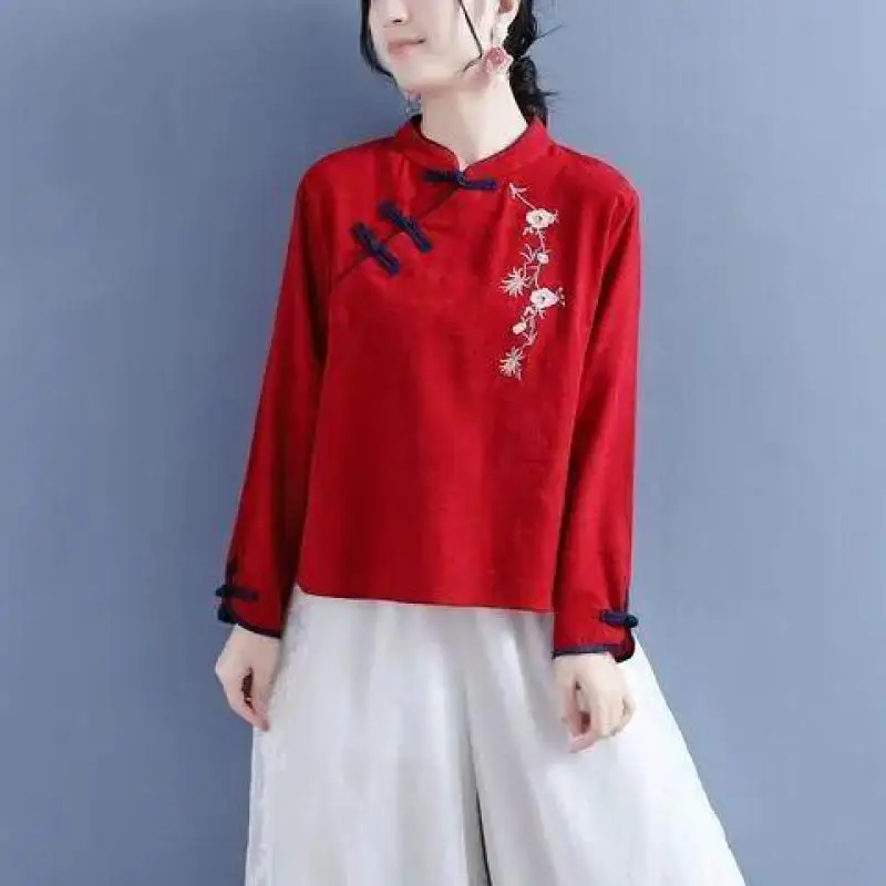 Vintage Embroidery Shirts Women Long Sleeves Casual Tops Chinese Style Button Linen Top Traditional Women's Wear Tea Clothing