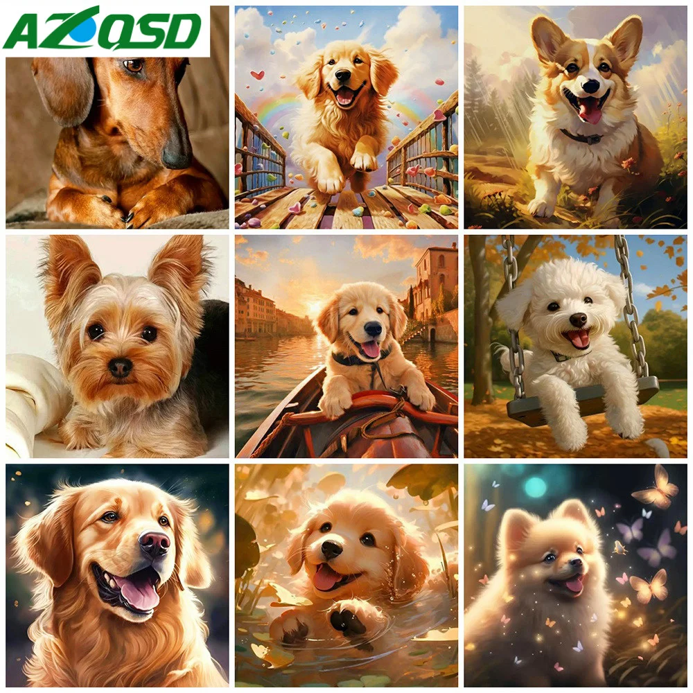 AZQSD 다이아몬드 페인팅 동물 사각형 라운드 다이아몬드 모자이크 개 아트..