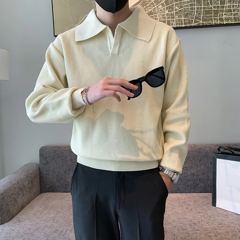 

Autumn Winter Men's Lapel Sweater Knitted POLO Solid Color Pullover Social Streetwear Loose Casual Men Clothing Knitwear B65