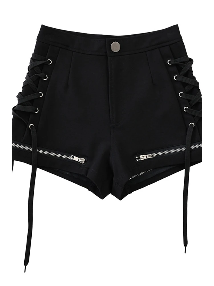 ショートパンツ BOHEMSEO : 25SS / LACE UP SHORTS (BLACK) Women Vintage Black Mini Shorts Emo 2000s Lace-up High Waist