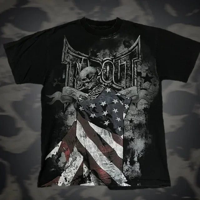 thumbnail image 1 of Popular camiseta de algodón con estampado de calavera TAPOUT, estilo gótico de calle alta, sencilla, de manga corta, estilo hip-hop Y2K, de gran tamaño, estilo pareja, 1 of 1