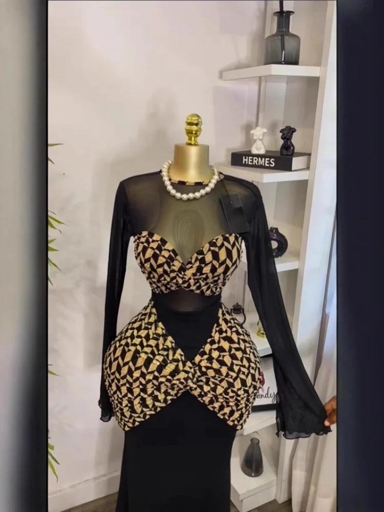 Wmstar Dress Women Wholesale in The Autumn of 2025 A Cross Border Printed Pleated Tight Feminine Charm Long Sleeved Black