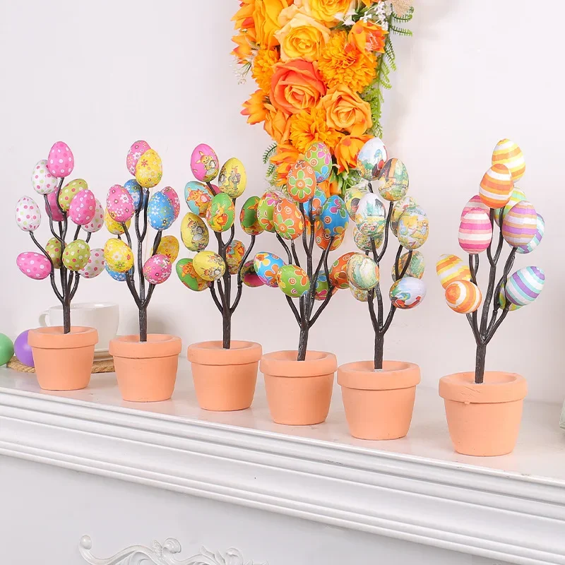 Colorful Easter Eggs Tree Branch DIY Painting Foam Bunny Eggs 2024 Easter Decoration For Home Kids Gift Party Fake Flower Plants