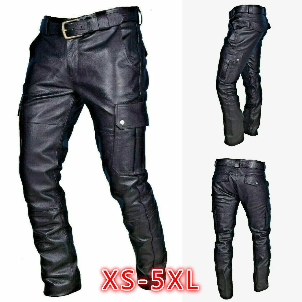 New Solid Color Fashion PU Leather Pants Casual Leather Motorcycle Pants Punk Style Full Length Trousers Streetwear Men 2