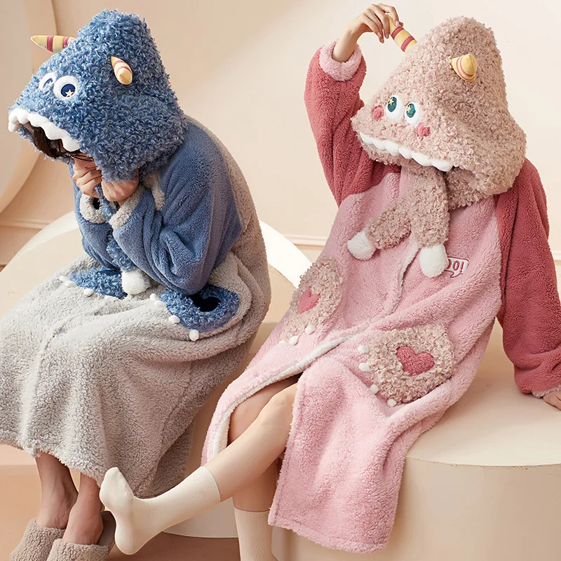 

Thickened Flannel Nightgown Women's Winter Pajamas Warm Sleepwear Sweet Hooded Nightdress Kawaii Fuzzy Robes Anime Pajama Pijama