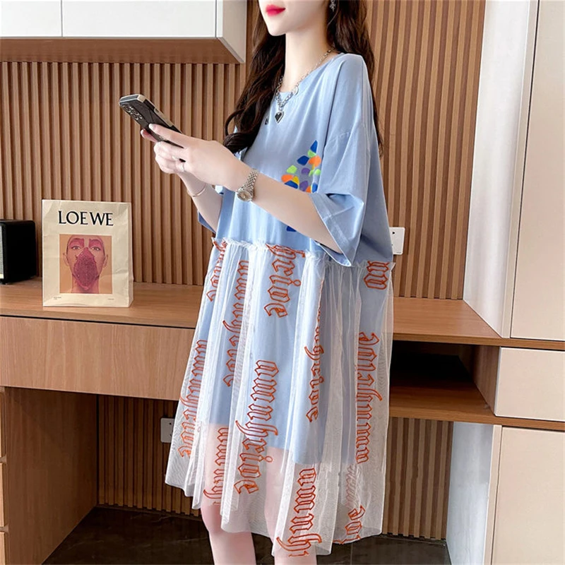 여성용 레터 프린트 메쉬 패치워크 반팔 티셔츠 드레스, 캐주얼 스트리트웨어, 느슨한 Y2K 요정 미디 드레스, 2023 여름 의류