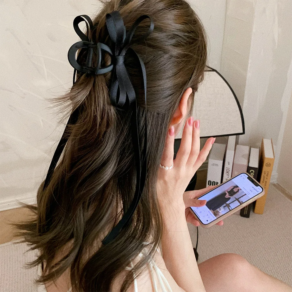 

UXSL Fashion Black Ribbon Bow Tassels Pearl Hair Claw Clips for Women Girl Elegant Ponytail Clip Hairpins Hair Clamp Accessories