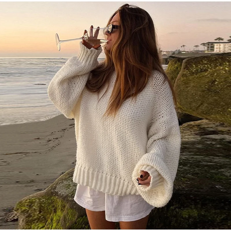 Casual Knitted Hollow Out O-neck Sweaters Women Loose Solid Long Sleeve Pullover Sweater Female Autumn Chic Elegant Street Tops