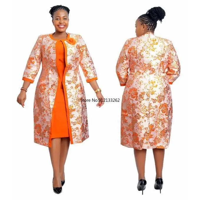 2 Piece Set African Dresses For Women Coat And Office Lady Dress Autumn Winter New Bazin Riche Traditional Africa Clothing