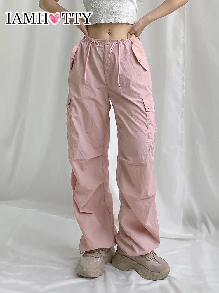 IAMHOTTY Bandage Elastic Waist Cargo Pants Pink Aesthetic Casual Sweatpants  Straight Wide Leg Baggy Trousers 100% Cotton Outfit