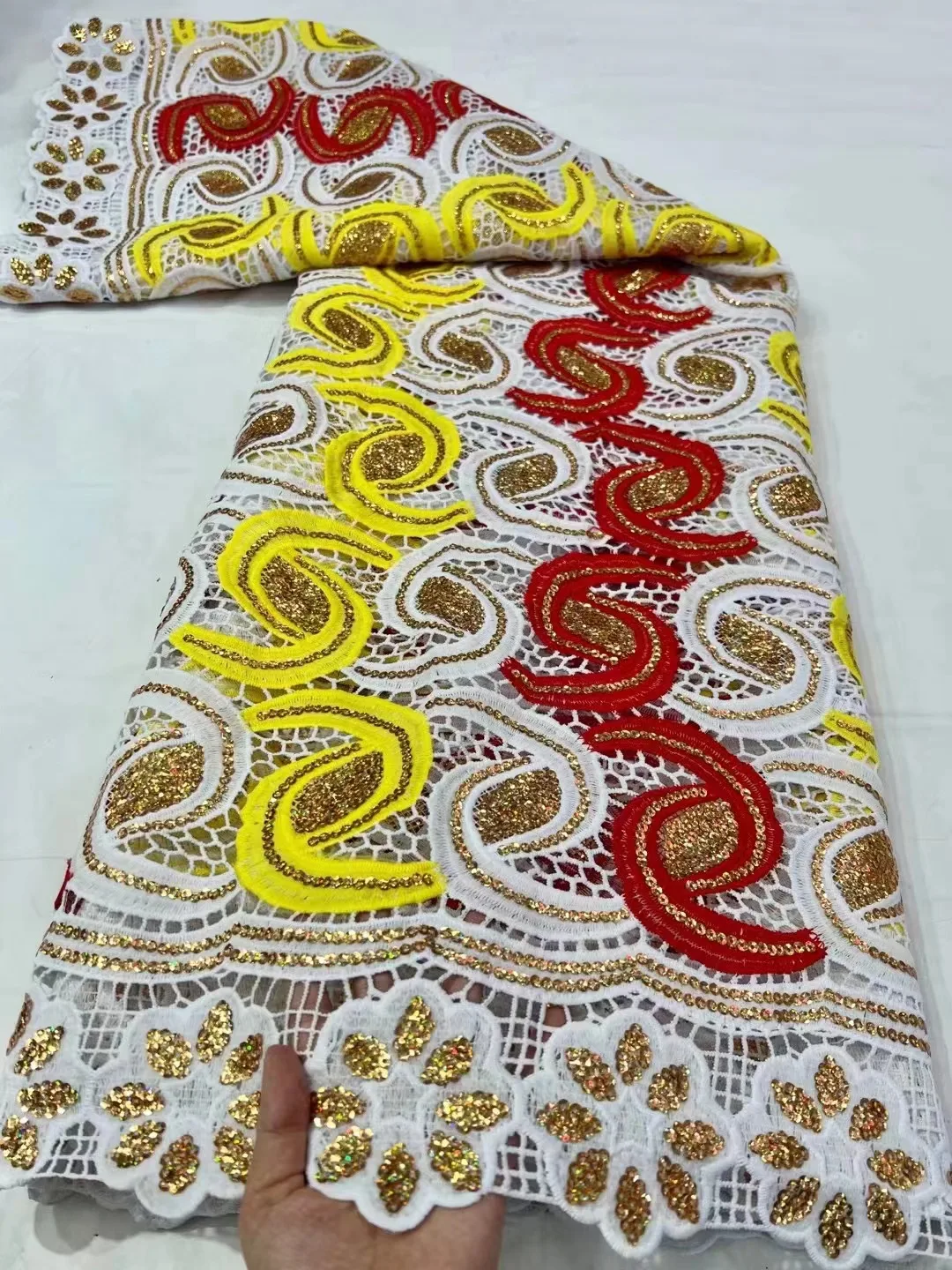 

Hot Sale African Guipure Cord Lace Fabric Unique Style Nigerian Two-Color Water Soluble Cord Lace Fabrics With Sequin For Woman